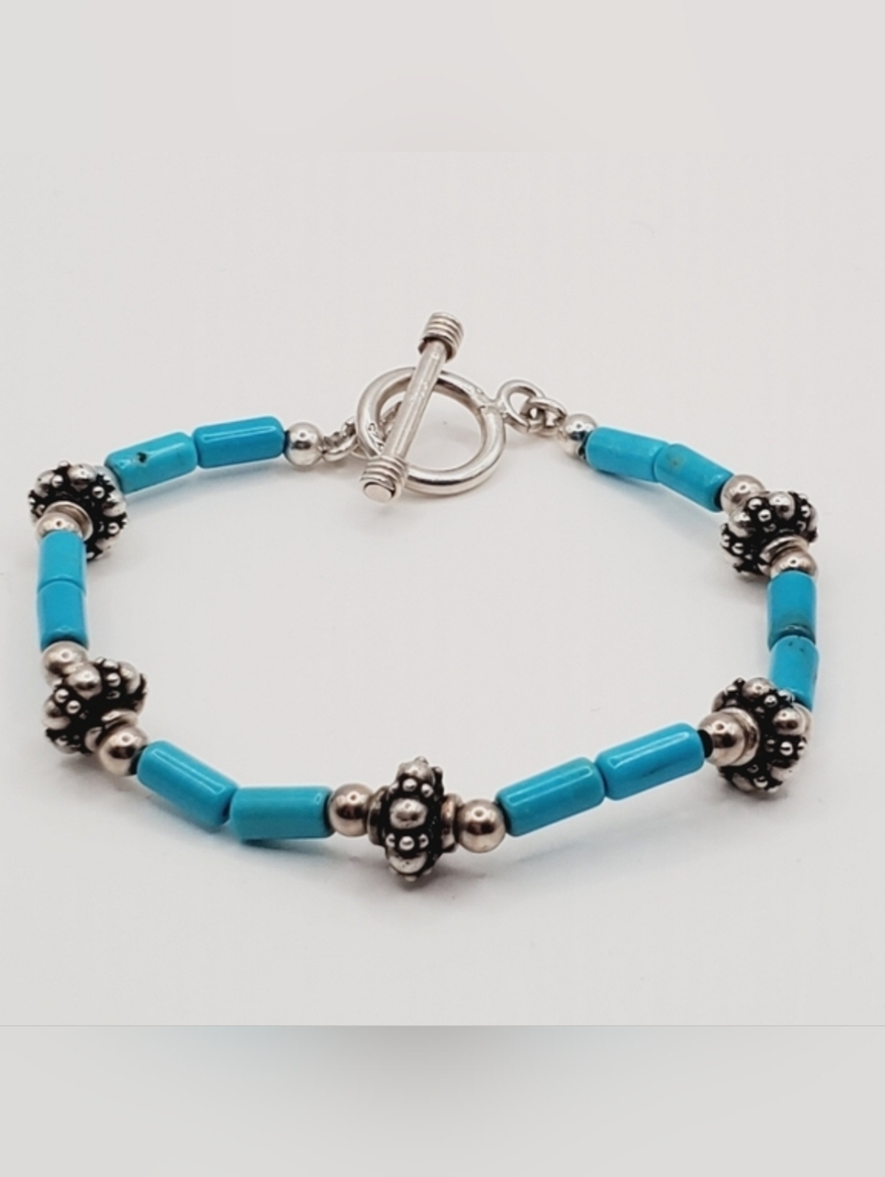 Genuine Turquoise 925 Sterling Silver Bead Bracelet With Toggle Clasp